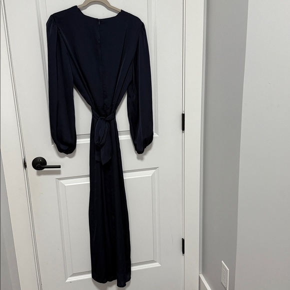 Long Sleeve Satin Dress Tie Back Casual floawy Midi Dark Blue dress size Large - Picture 4 of 6